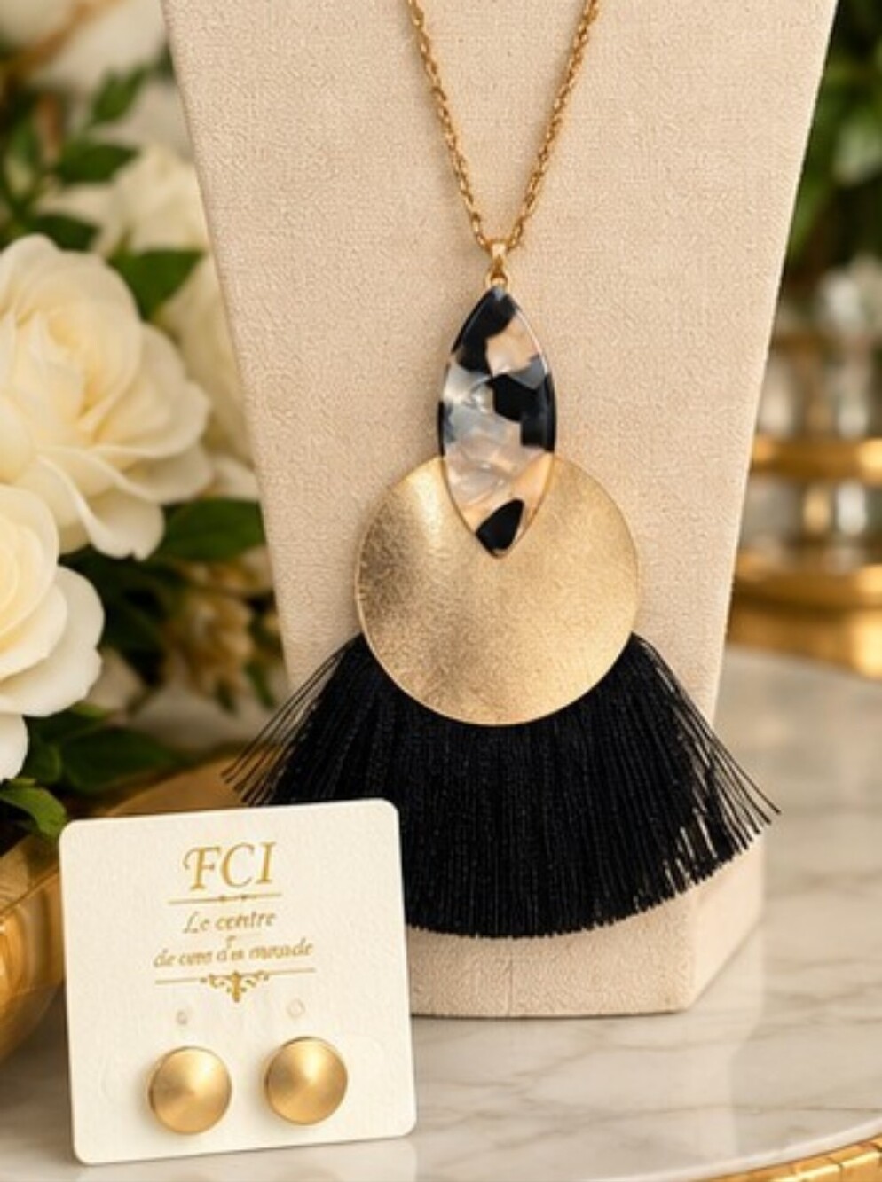 FCI Gold Tone Black Tassel Long Pendant Necklace Earrings Set